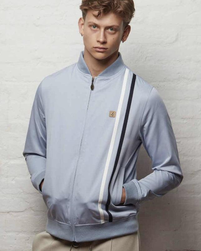 Gabicci Vintage Griffin Racing Stripe Bomber Jacket Sky Blue