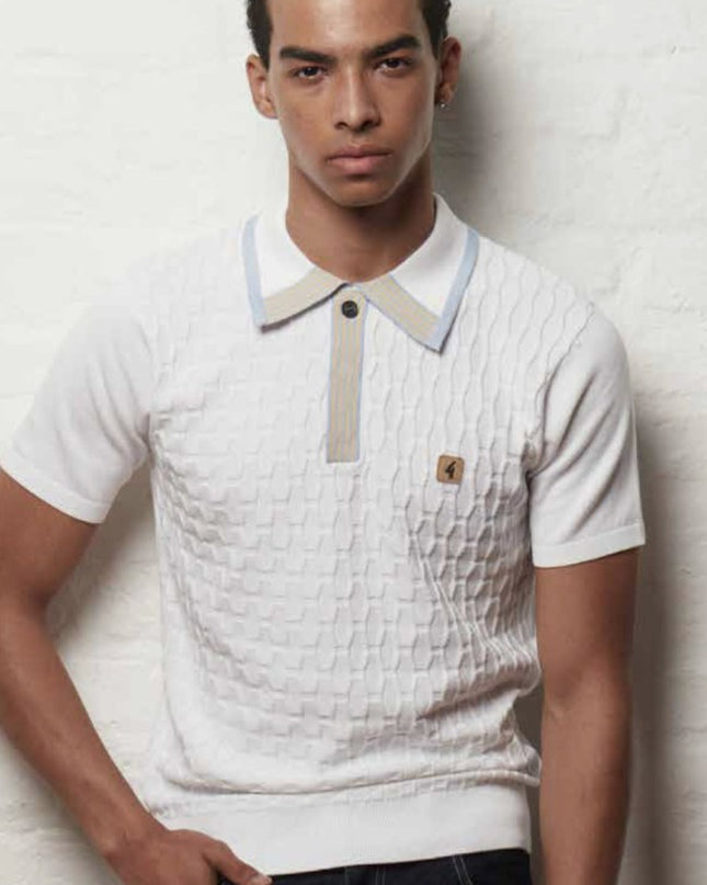 Gabicci Vintage Bourne SS Striped Knit Polo White