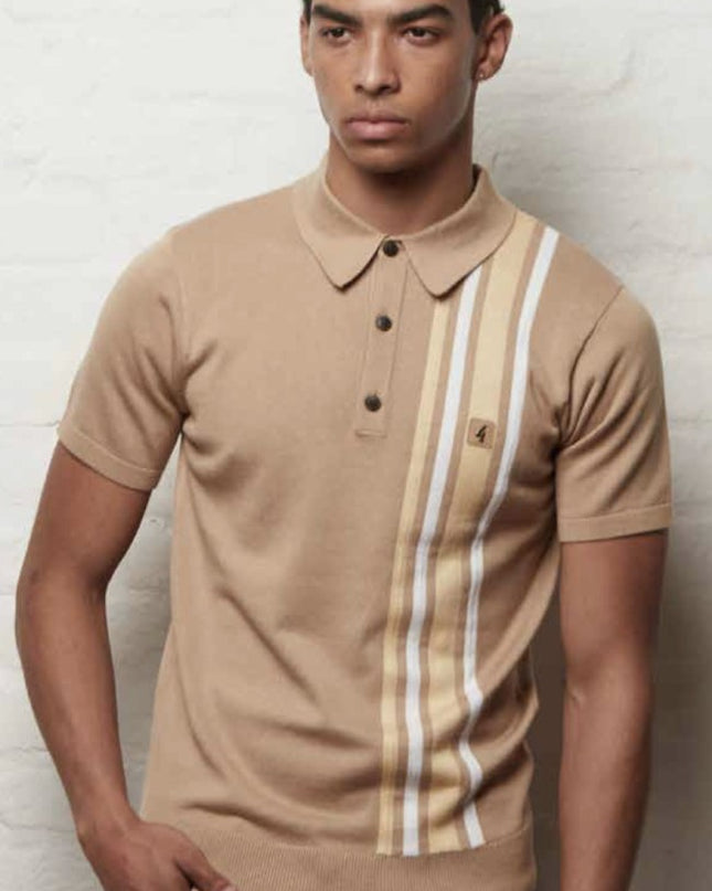 Gabicci Soda Knit SS Racing Stripe Polo Sandstone