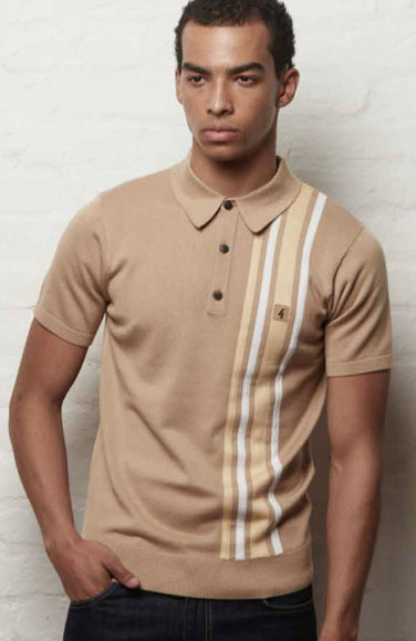 Gabicci Soda Knit SS Racing Stripe Polo Sandstone