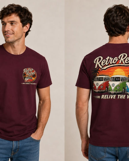 Retro Rebel Trio Campervan Back Print Tee in Burgundy