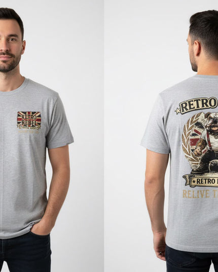 Retro Rebel Bulldog Back Print Tee in Grey