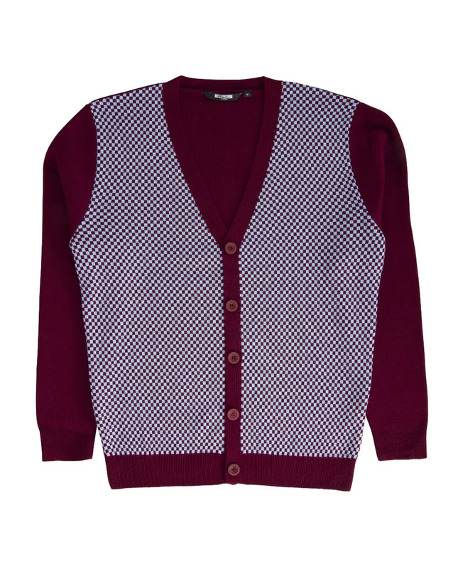 Relco Chas Checked Cardigan Burgundy/Sky