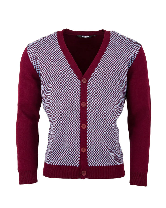 Relco Chas Checked Cardigan Burgundy/Sky