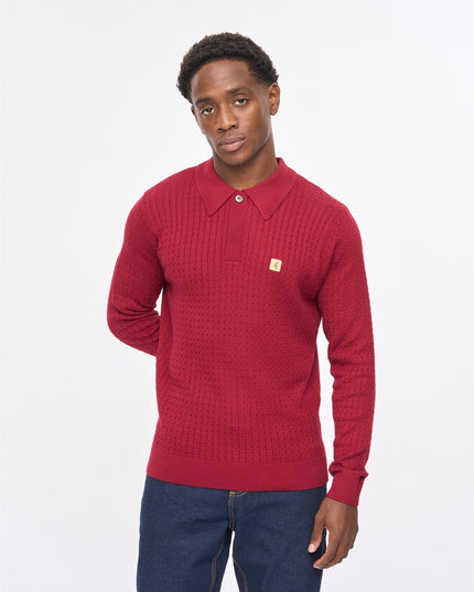 Gabicci Mens Milton Long Sleeve Cable Knit Polo Gabicci Vintage CLARET