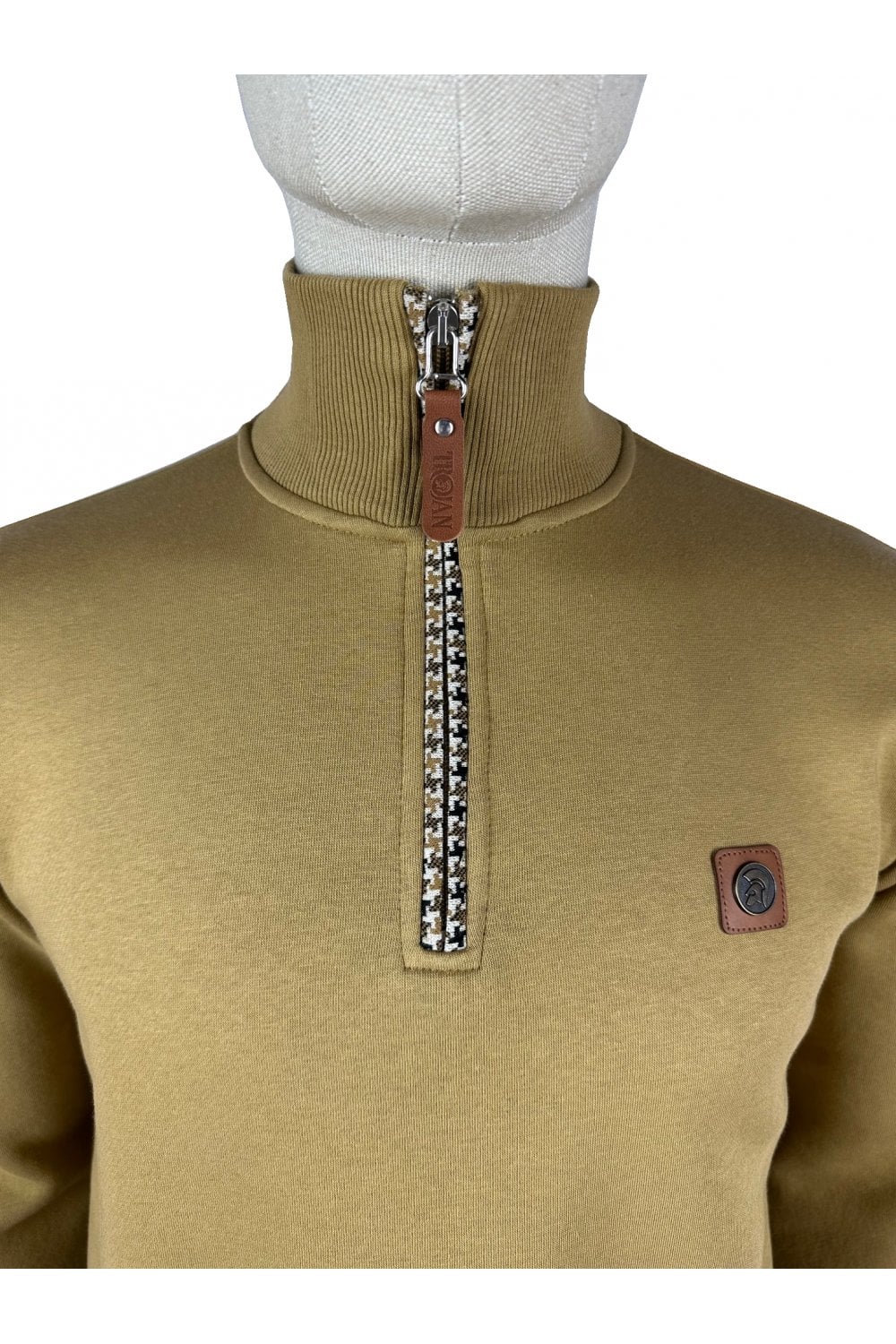 TROJAN Houndstooth Trim 1/4 Zip Sweater TR/8856 Camel - Raw Menswear