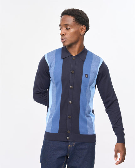 Mens Pedro Long Sleeve Button Thru Knit Polo Gabicci Vintage NAVY