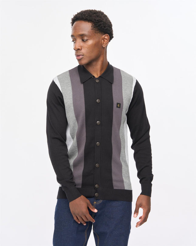 Gabicci Mens Pedro Long Sleeve Button Thru Knit Polo Gabicci Vintage BLACK