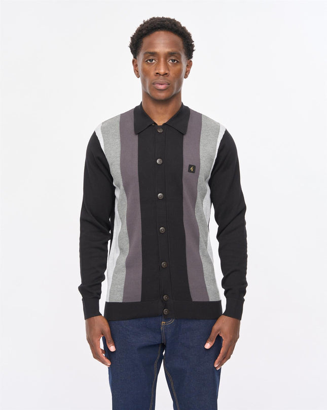Gabicci Mens Pedro Long Sleeve Button Thru Knit Polo Gabicci Vintage BLACK