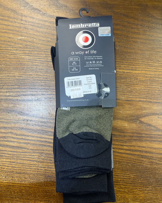 Lambretta 3 Pack Paisley Target Socks Grey/Navy/Khaki 