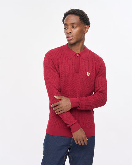 Gabicci Mens Milton Long Sleeve Cable Knit Polo Gabicci Vintage CLARET