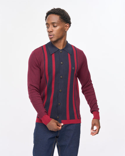 Gabicci Mens Pascal Long Sleeve Button Thru Knit Polo Gabicci Vintage CLARET