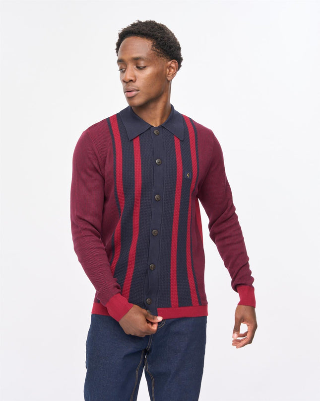 Gabicci Mens Pascal Long Sleeve Button Thru Knit Polo Gabicci Vintage CLARET