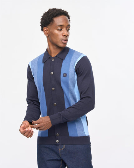 Mens Pedro Long Sleeve Button Thru Knit Polo Gabicci Vintage NAVY