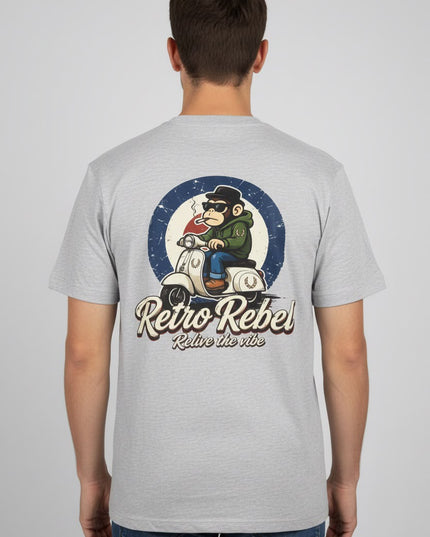 Retro Rebel Monkey Scooter Back Print Tee in Grey