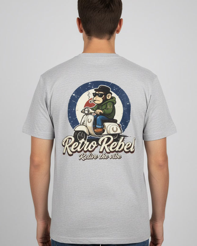 Retro Rebel Monkey Scooter Back Print Tee in Grey