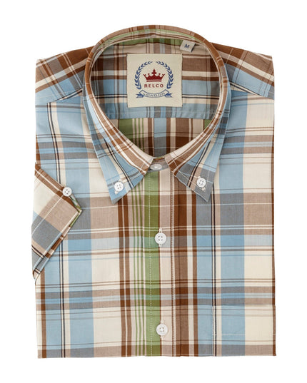 Men's Short Sleeve Check Shirt in Sky/Green/Brown