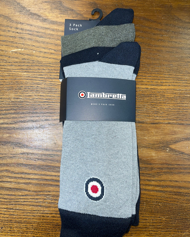 Lambretta 3 Pack Paisley Target Socks Grey/Navy/Khaki 