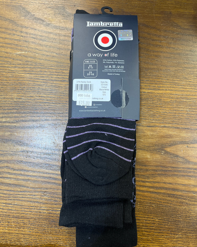 Lambretta 3 Pack Paisley Target Socks Black/Wine