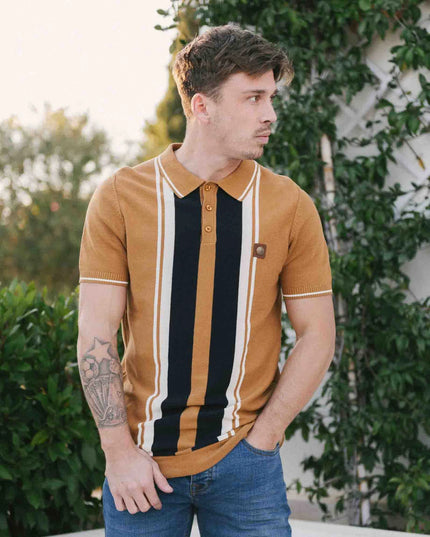 Lambretta Greco Striped SS Knit Polo Tobacco Tan