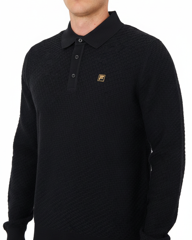 FILA Gold Elia Brick Knit Long Sleeve Polo in Black