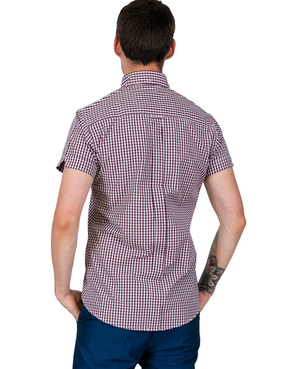 Relco Men's Burgundy & White Checked Gingham Short Sleeve Shirt 
