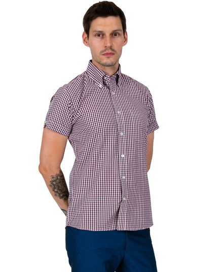 Relco Men's Burgundy & White Checked Gingham Short Sleeve Shirt 