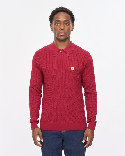 Gabicci Mens Milton Long Sleeve Cable Knit Polo Gabicci Vintage CLARET