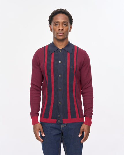 Gabicci Mens Pascal Long Sleeve Button Thru Knit Polo Gabicci Vintage CLARET