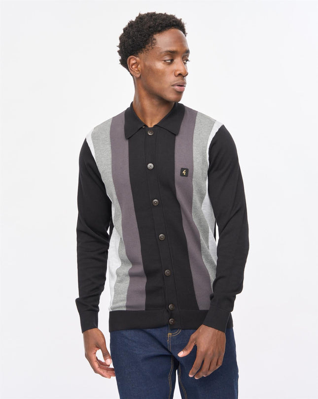 Gabicci Mens Pedro Long Sleeve Button Thru Knit Polo Gabicci Vintage BLACK
