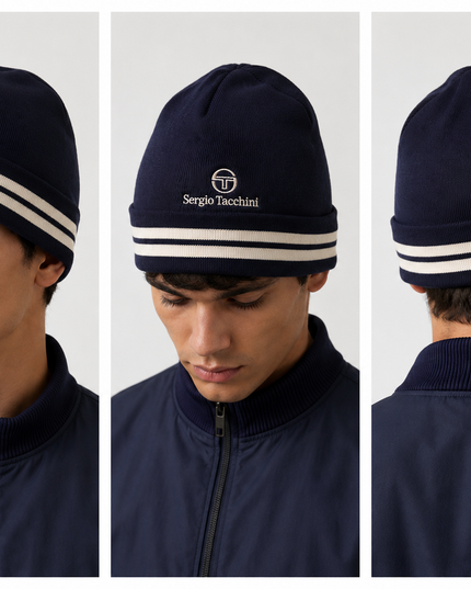 Sergio Tacchini Surgis Jacquard Striped Turn Up Beanie in Navy - 1266