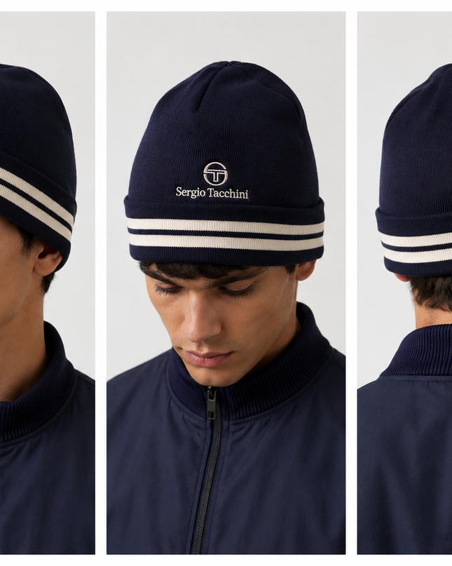 Sergio Tacchini Surgis Jacquard Striped Turn Up Beanie in Navy - 1266