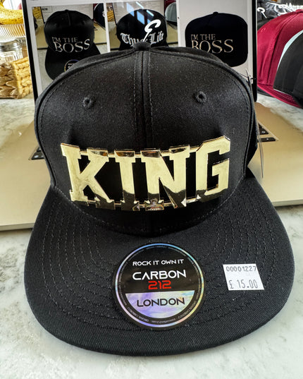 Carbon 212 Flat Peak Snapback Black with Gold Metal King Badge - 1227