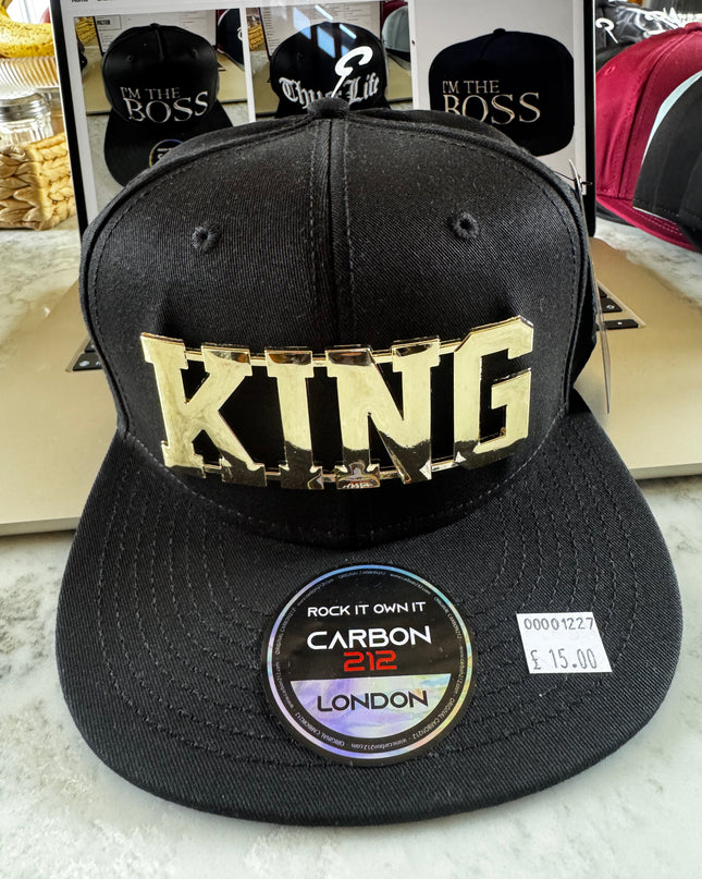 Carbon 212 Flat Peak Snapback Black with Gold Metal King Badge - 1227