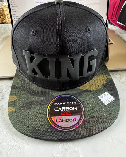 Carbon 212 Flat Peak Snapback Black with Black Metal King Badge & Camo Peak - 1223