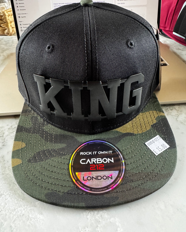 Carbon 212 Flat Peak Snapback Black with Black Metal King Badge & Camo Peak - 1223