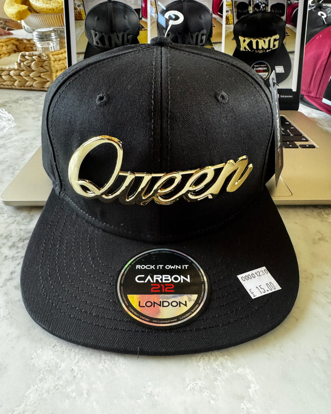 Carbon 212 Flat Peak Snapback Black with Gold Metal Queen Badge - 1230