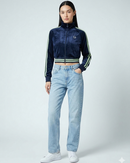 Sergio Tacchini Womens Carmella Velour Track Top in Navy/Green