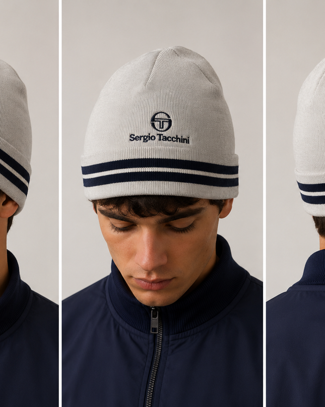 Sergio Tacchini Surgis Jacquard Striped Turn Up Beanie in Peyote Sand - 1265
