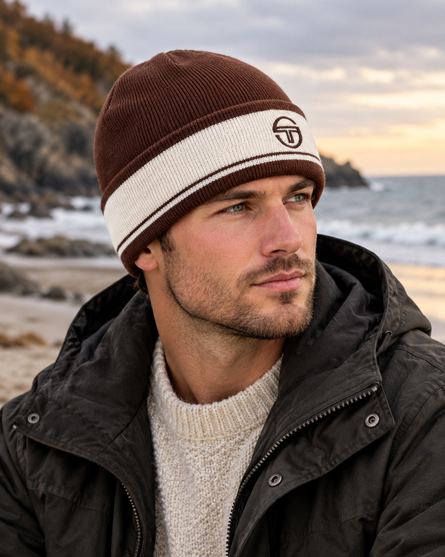 Sergio Tacchini Sellarz Jacquard Turn up Beanie in Potting Soil/Gardenia - 1291