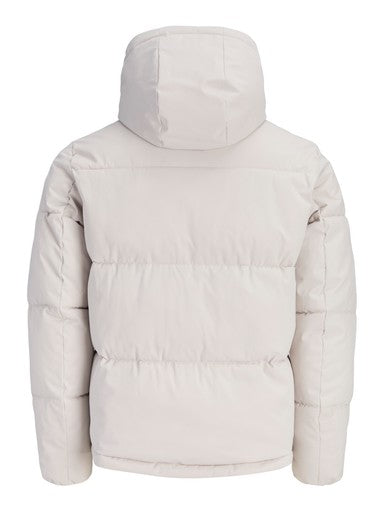 A light beige hooded puffer jacket shown from the back, featuring horizontal quilting and a smooth, matte finish, set against a plain white background.