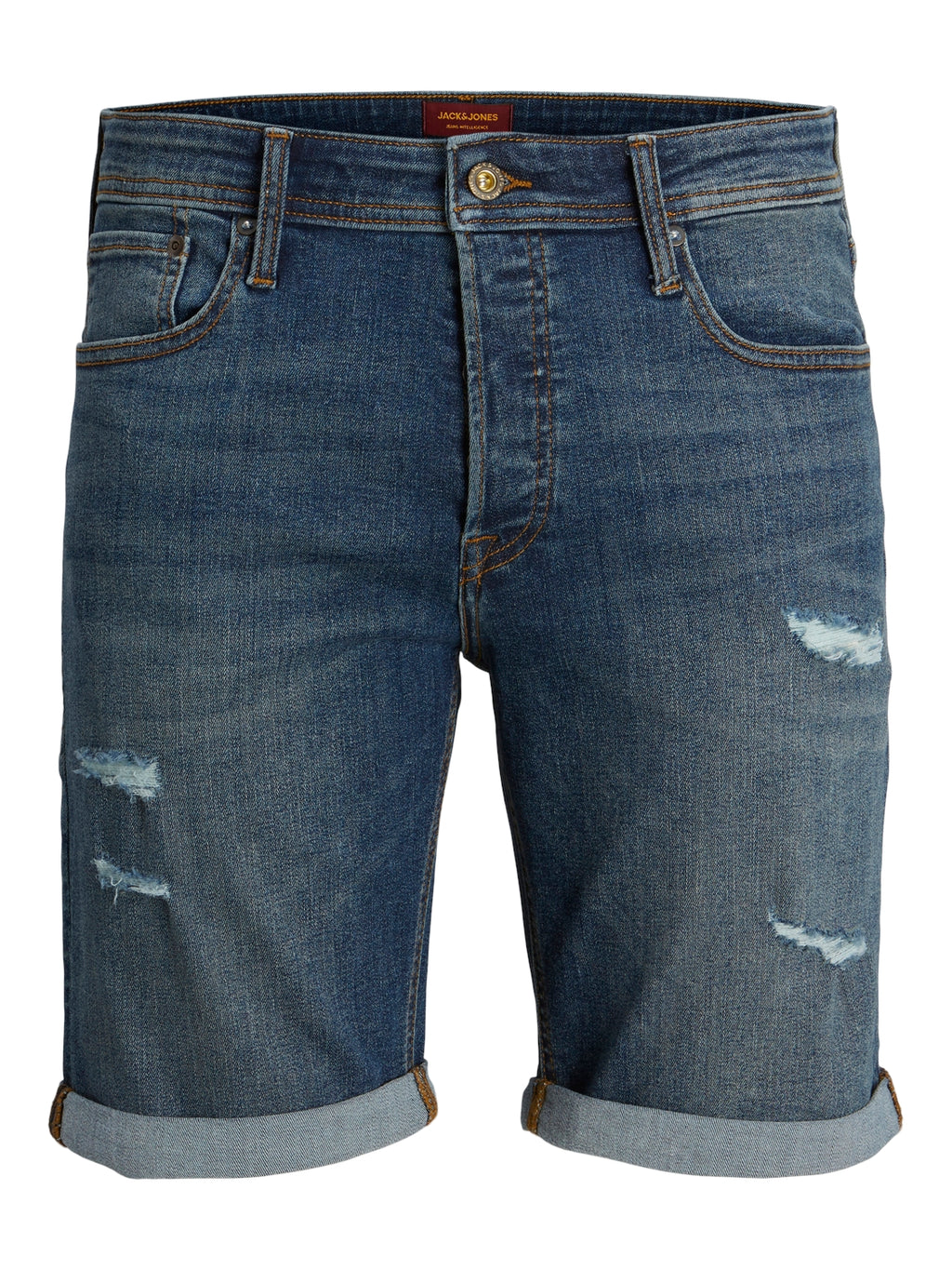 Jack & Jones Rick AM 610 Denim Ripped Distressed Shorts Mid Blue - Raw Menswear