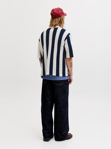 Jack & Jones Tyler Knit SS Striped Polo in Navy/Ecru