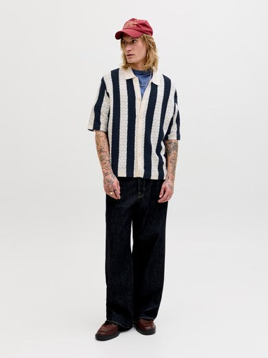 Jack & Jones Tyler Knit SS Striped Polo in Navy/Ecru