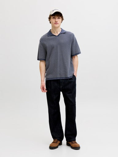 Jack & Jones Knit Split Neck Polo in Navy Blue