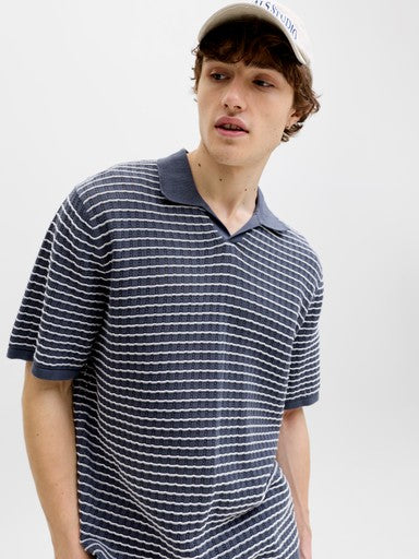 Jack & Jones Knit Split Neck Polo in Navy Blue