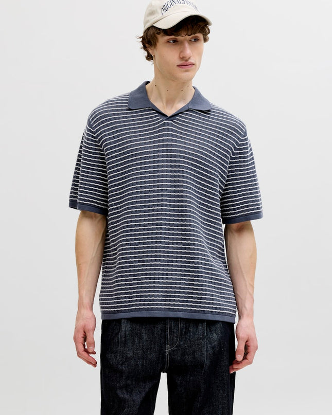 Jack & Jones Striped Knitwear V Neck Polo Navy
