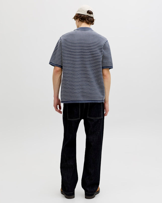 Jack & Jones Striped Knitwear V Neck Polo Navy