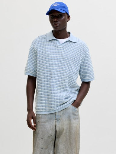 Jack & Jones Knit Split Neck Polo in Sky Blue
