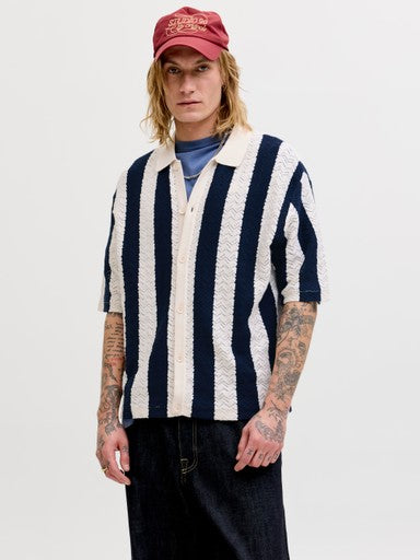 Jack & Jones Tyler Knit SS Striped Polo in Navy/Ecru